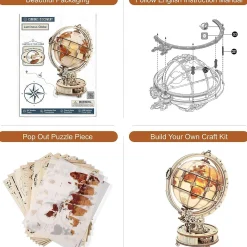 ROKR Licht|Holzbausätze^Leuchtender Globus Holzbausatz